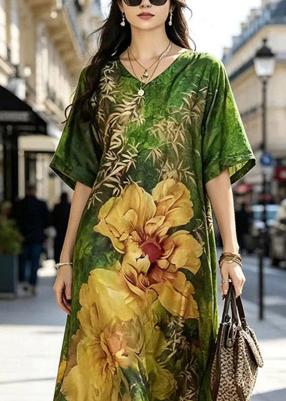 Green V Neck Print Silk Maxi Dress Short Sleeve