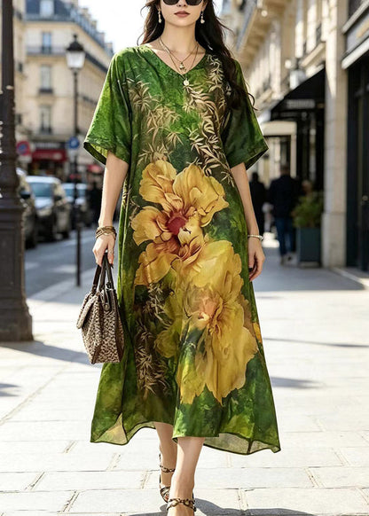 Green V Neck Print Silk Maxi Dress Short Sleeve