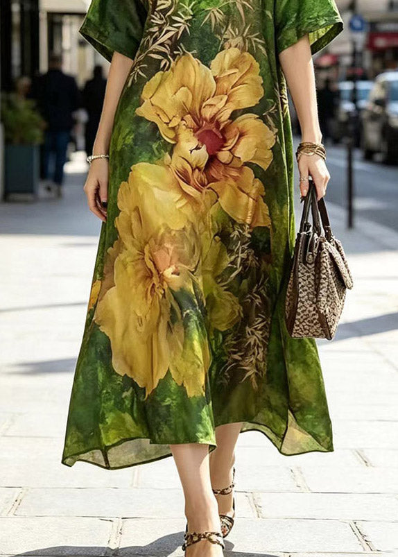 Green V Neck Print Silk Maxi Dress Short Sleeve