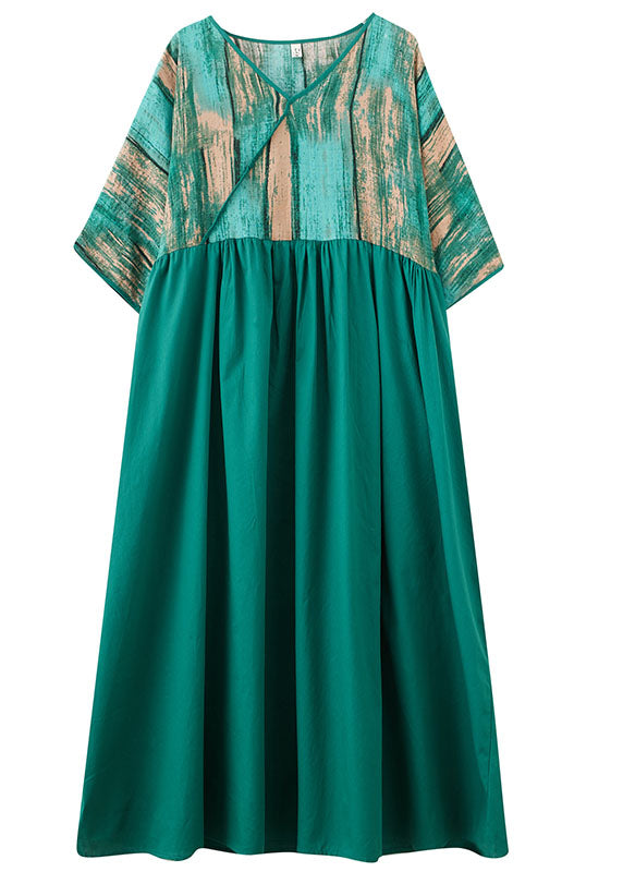 Green V Neck Print Wrinkled Patchwork Cotton Long Dress Summer