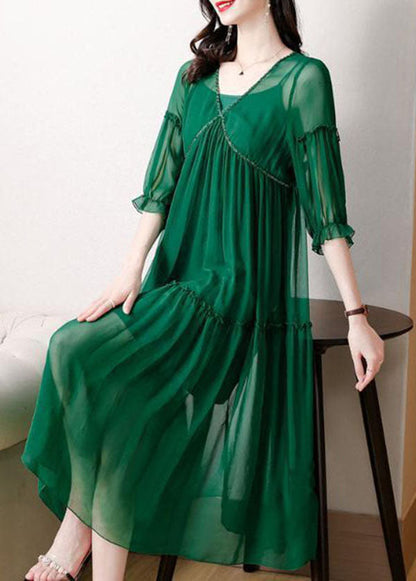 Green V Neck Ruffled Chiffon Party Dress Bracelet Sleeve