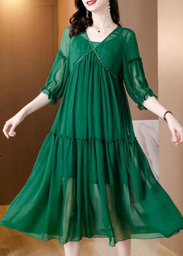 Green V Neck Ruffled Chiffon Party Dress Bracelet Sleeve