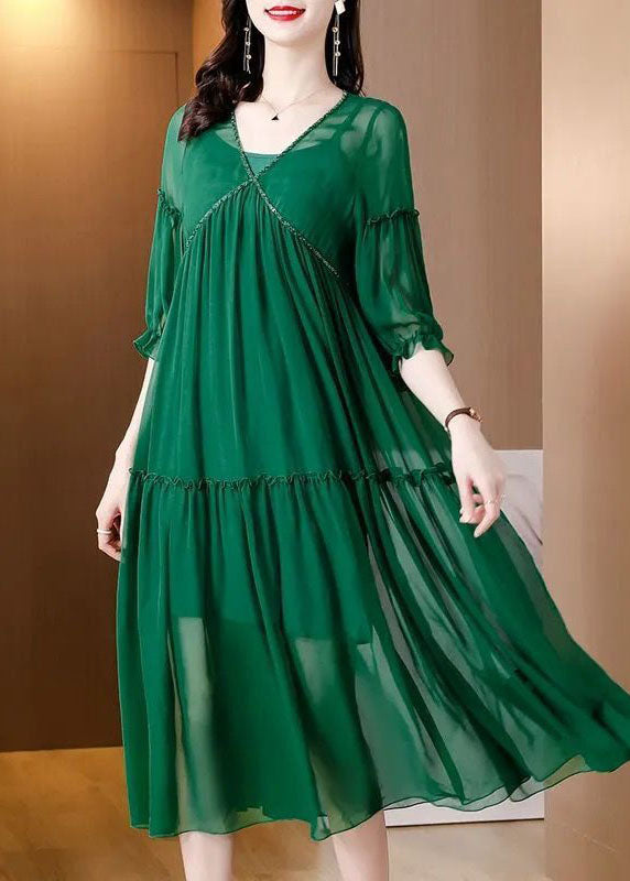 Green V Neck Ruffled Chiffon Party Dress Bracelet Sleeve