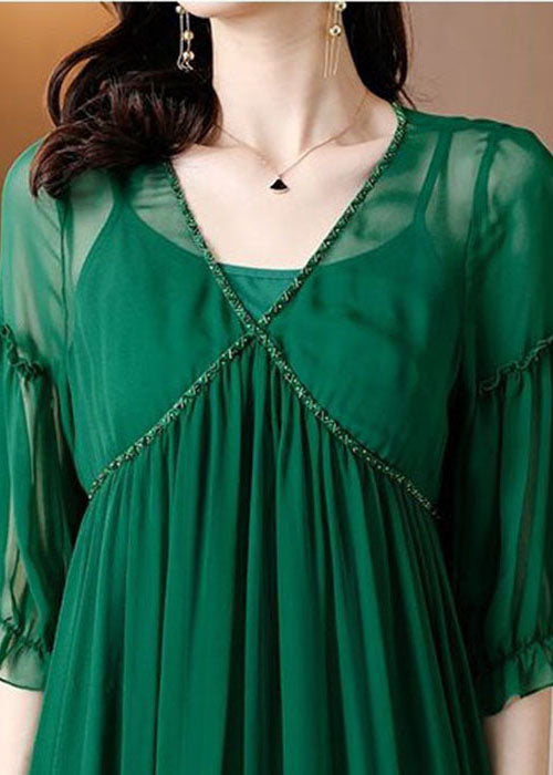 Green V Neck Ruffled Chiffon Party Dress Bracelet Sleeve