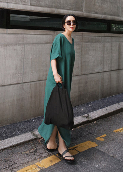Green V Neck Side Open Long Dress Short Sleeve
