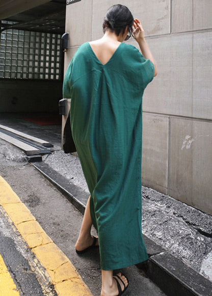 Green V Neck Side Open Long Dress Short Sleeve