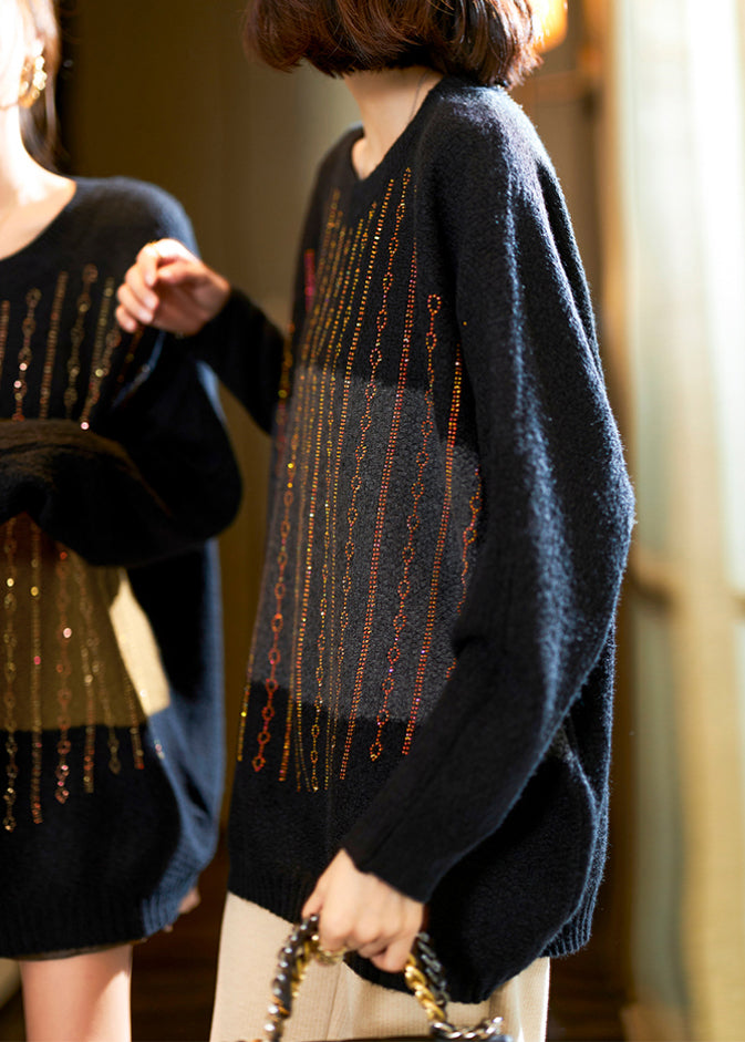 Green Zircon Patchwork Cotton Knit Sweaters Long Sleeve