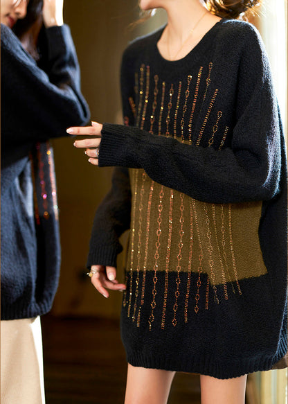 Green Zircon Patchwork Cotton Knit Sweaters Long Sleeve