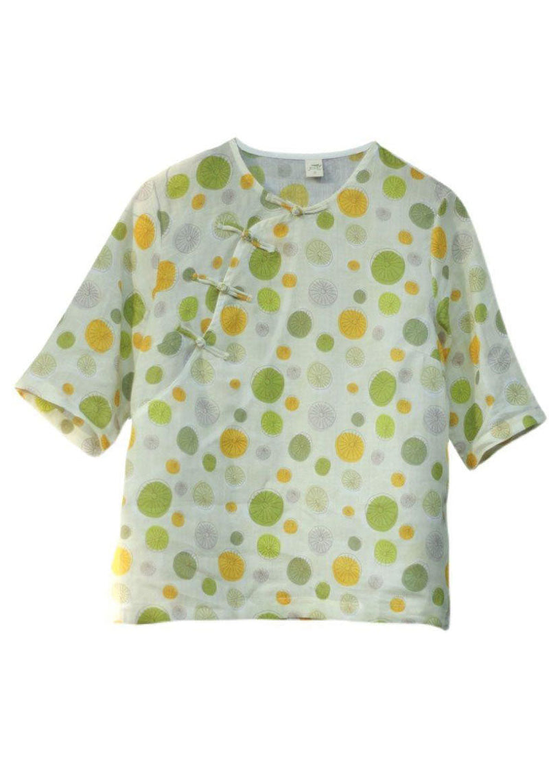 Green Button O-neck Dot Print Tops Half Sleeve