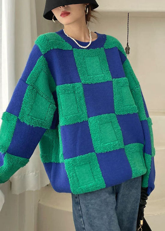 Green Thick Plaid Knit Sweater Winter