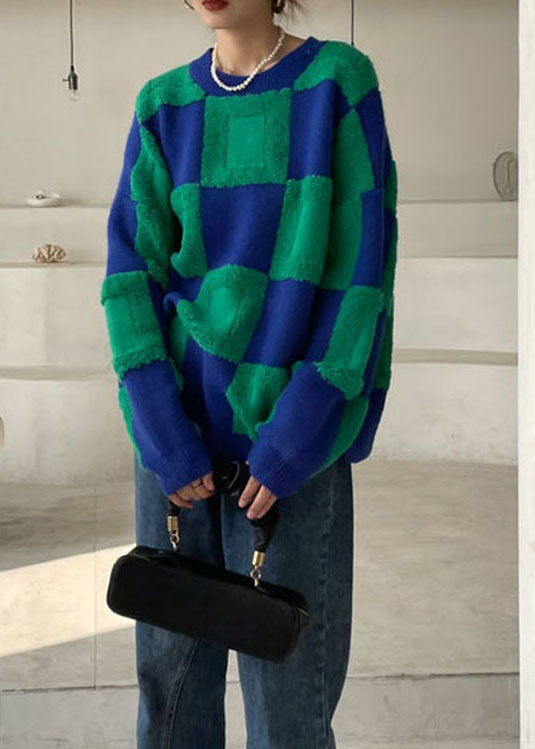 Green Thick Plaid Knit Sweater Winter