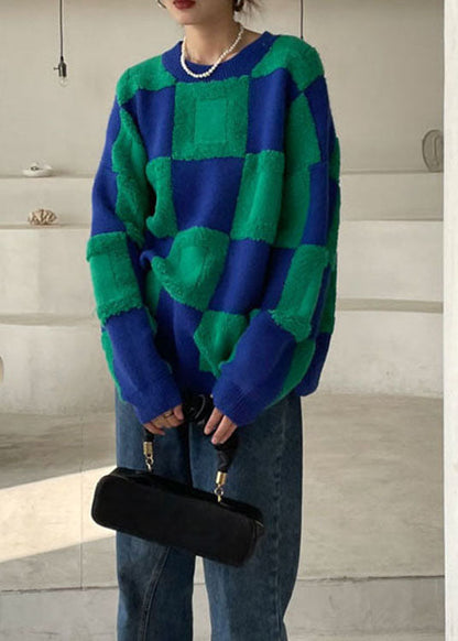 Green Thick Plaid Knit Sweater Winter