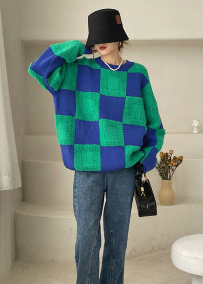 Green Thick Plaid Knit Sweater Winter