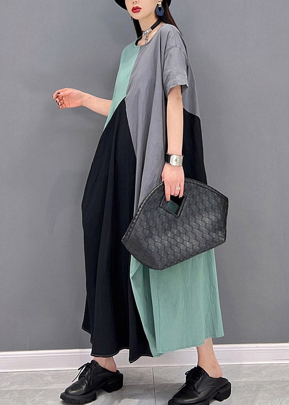 Grey Blue Patchwork O-neck Long Dresses Short Sleeve