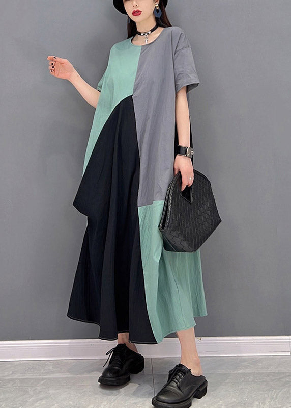 Grey Blue Patchwork O-neck Long Dresses Short Sleeve