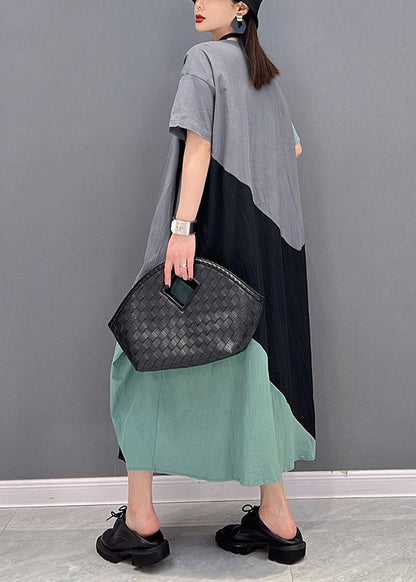Grey Blue Patchwork O-neck Long Dresses Short Sleeve