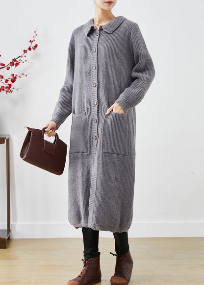 Grey Button Down Pockets Knit Long Coats Fall