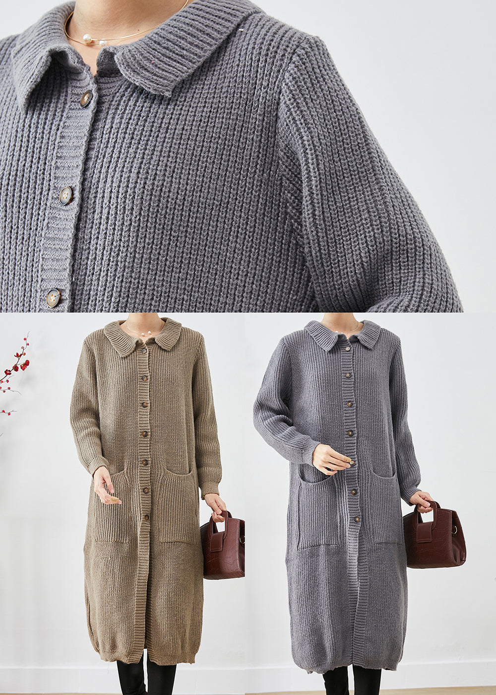 Grey Button Down Pockets Knit Long Coats Fall
