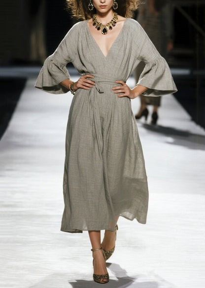 Grey Cinched Linen Robe Dresses Flare Sleeve
