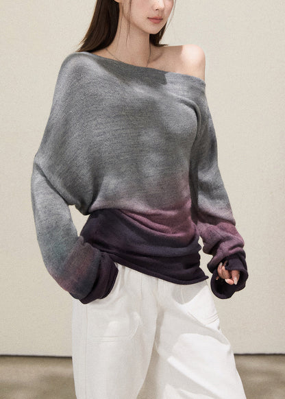 Grey Cold Shoulder Tie Dye Knitted Tops Fall