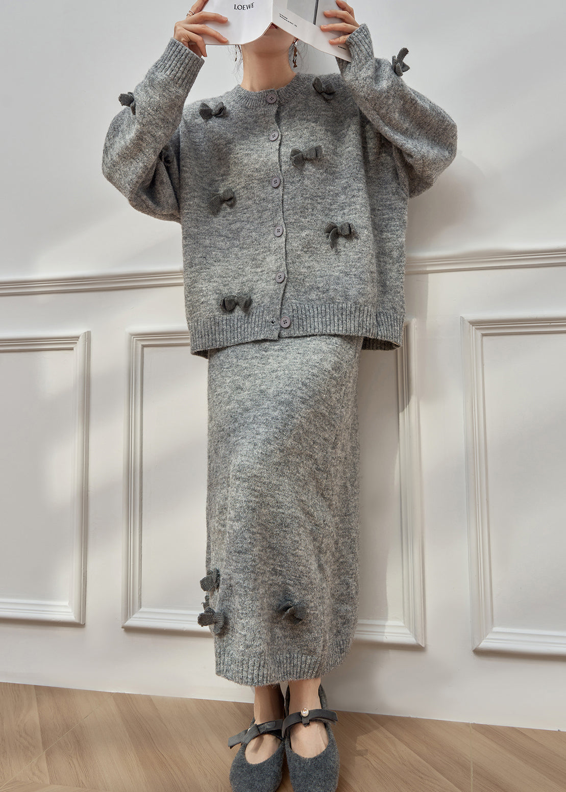 Grey O Neck Bow Button Knit Two-piece Set Winter