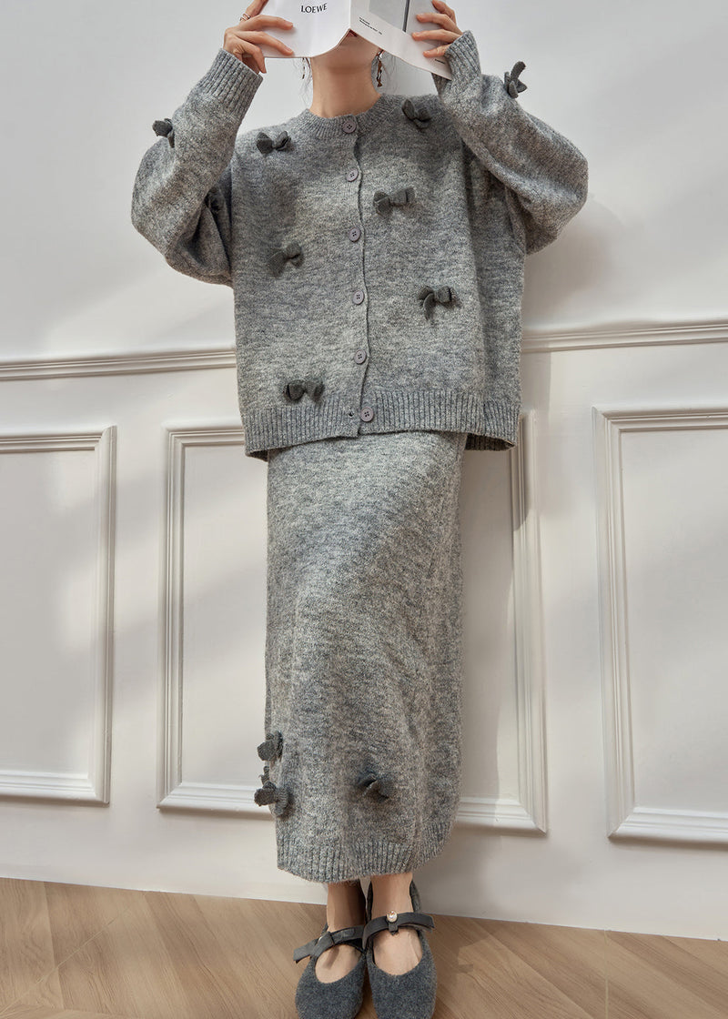 Grey O Neck Bow Button Knit Two-piece Set Winter