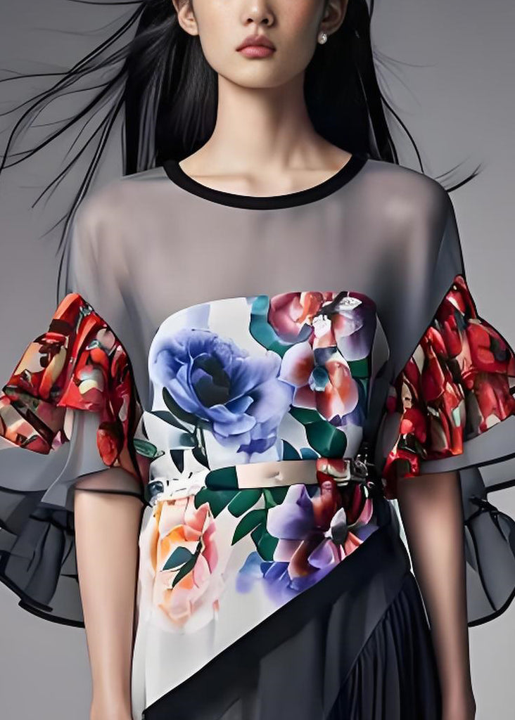 Grey O-neck Print Organza Patchwork Chiffon Dresses Butterfly Sleeve