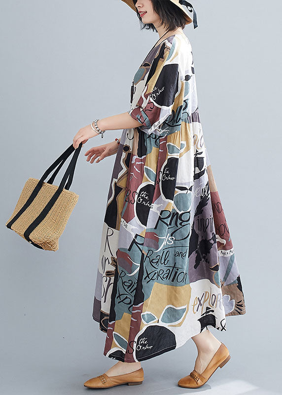 Grey O-neck Print Wrinkled Cotton Maxi Dresses Short Sleeve