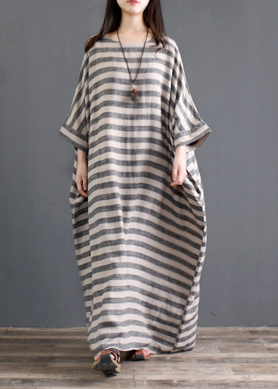 Grey O Neck Striped Pockets Patchwork Cotton Long Dresses Spring