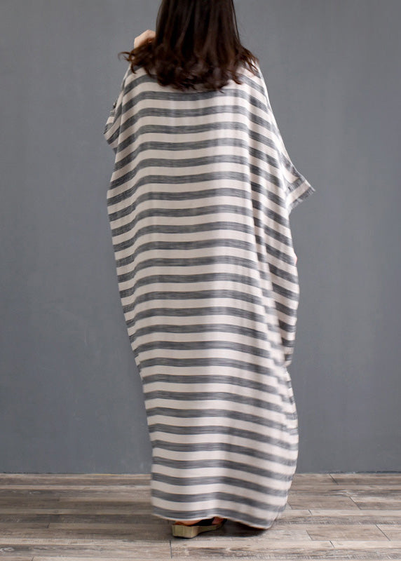 Grey O Neck Striped Pockets Patchwork Cotton Long Dresses Spring