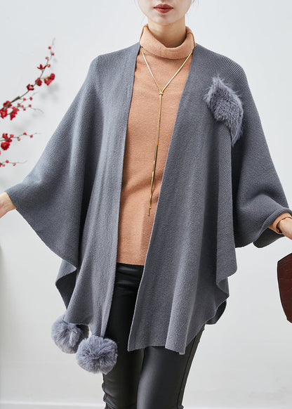 Grey Oversized Fuzzy Ball Decorated Knit Cardigan Fall