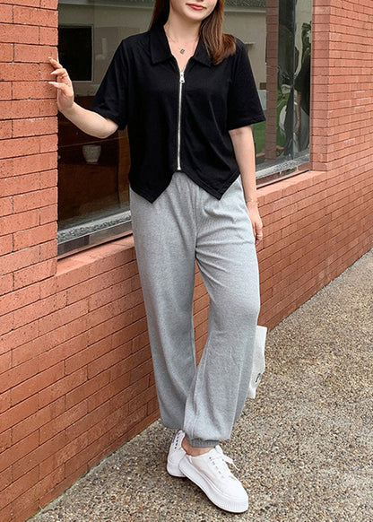 Grey Oversized Pockets Cotton Sweatshirt Pants Fall