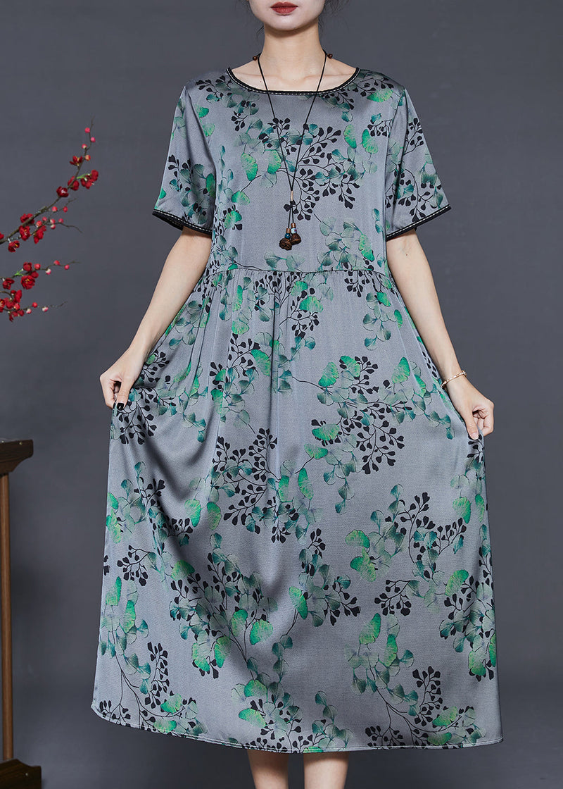 Grey Oversized Print Silk Long Dress Summer