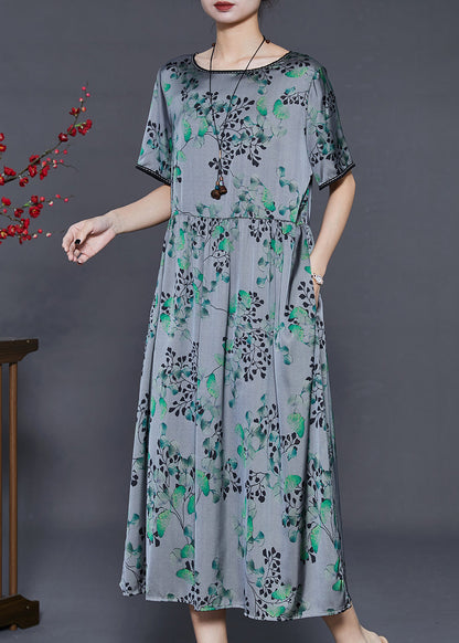 Grey Oversized Print Silk Long Dress Summer