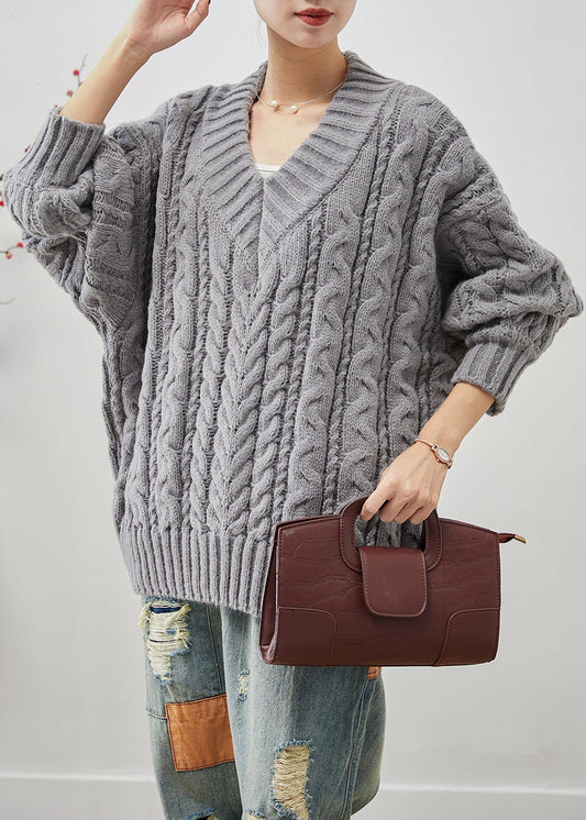 Grey Oversized Thick Cable Knit Sweater Tops Winter