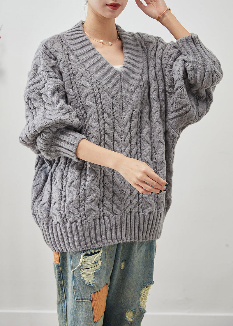 Grey Oversized Thick Cable Knit Sweater Tops Winter