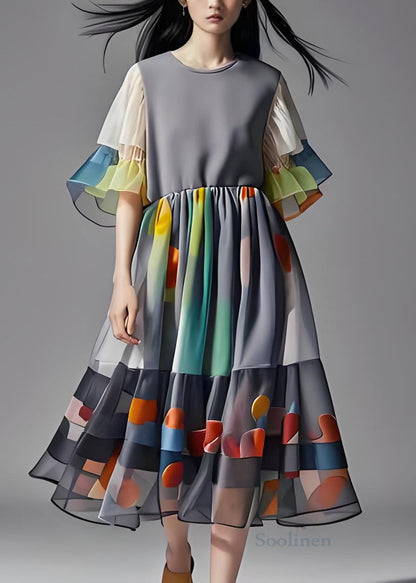 Grey Print Wrinkled Patchwork Chiffon Long Dress Summer