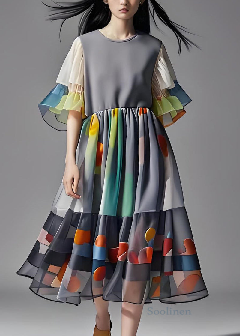 Grey Print Wrinkled Patchwork Chiffon Long Dress Summer