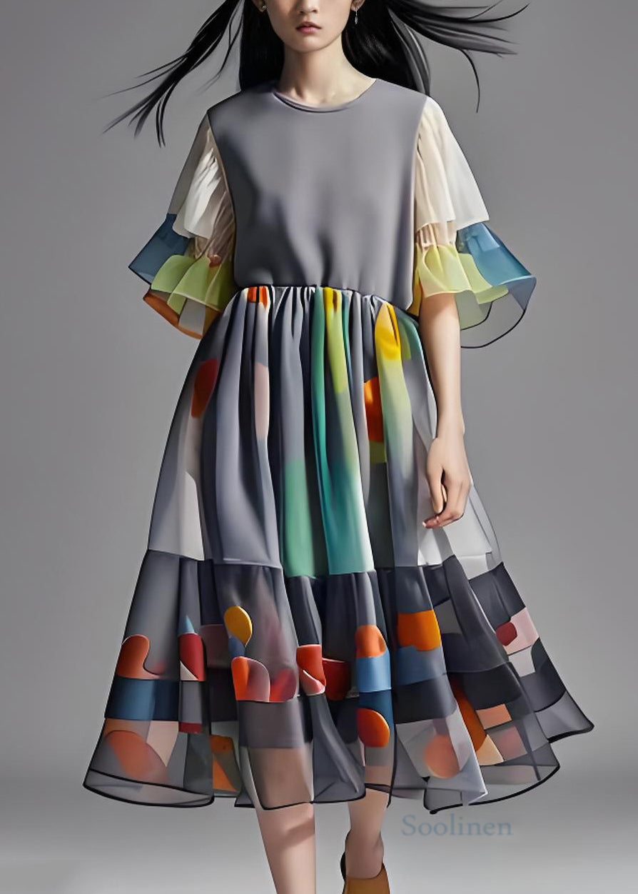 Grey Print Wrinkled Patchwork Chiffon Long Dress Summer