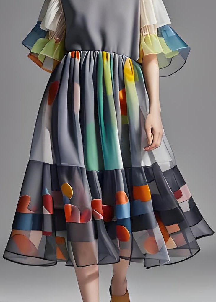 Grey Print Wrinkled Patchwork Chiffon Long Dress Summer