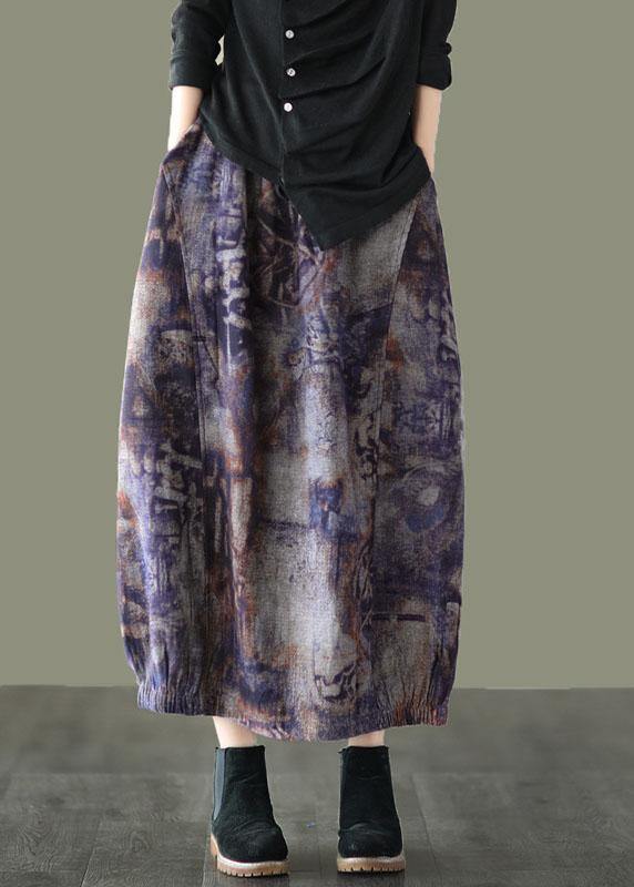 Grey Purple Retro Print a Line Pockets Fall Skirts