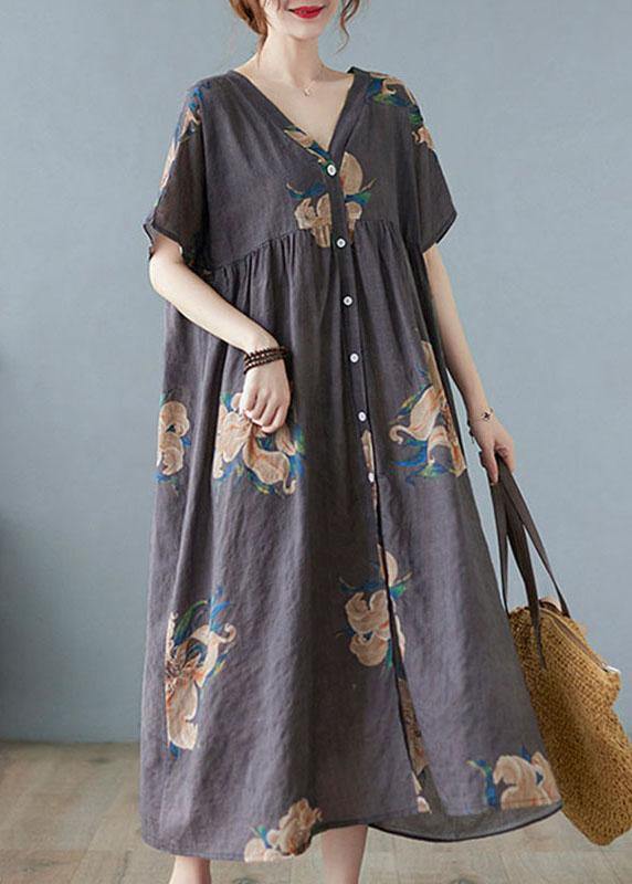 Green Bamboo Retro Button Summer Print Half Sleeve Maxi Dress