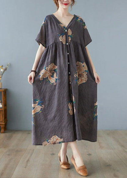 Black Flower Retro Button Summer Print Half Sleeve Maxi Dress