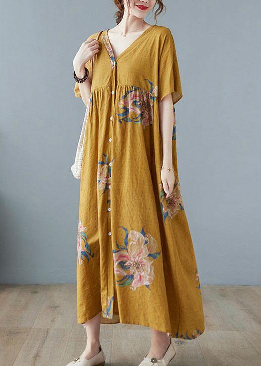 Grey Retro Button Summer Print Half Sleeve Maxi Dress