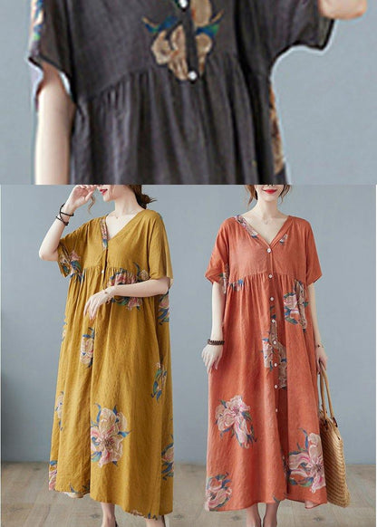 Grey Retro Button Summer Print Half Sleeve Maxi Dress