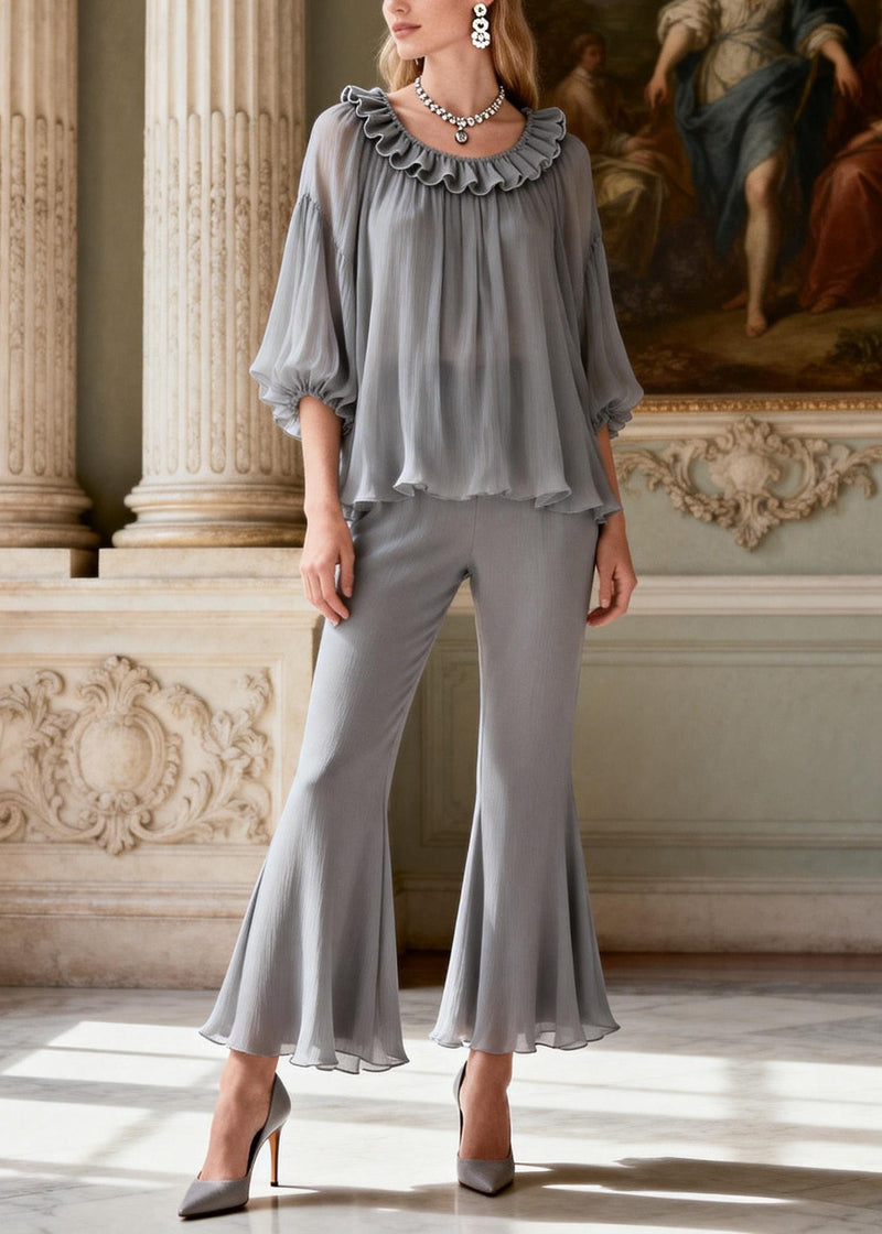 Grey Ruffled Patchwork Silk Two Pieces Set Summer