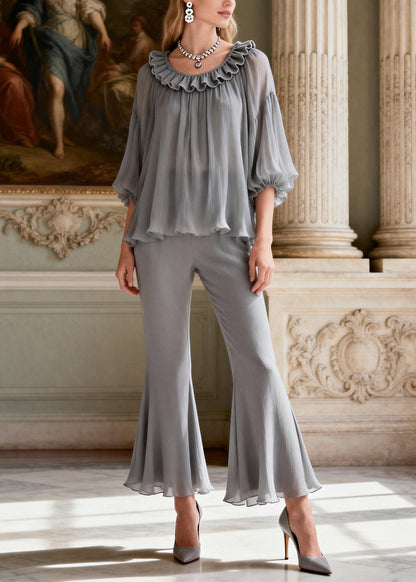 Grey Ruffled Patchwork Silk Two Pieces Set Summer