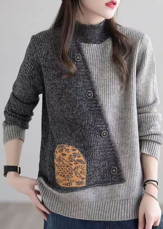 Grey Stand Collar Patchwork Button Knit Sweaters Winter