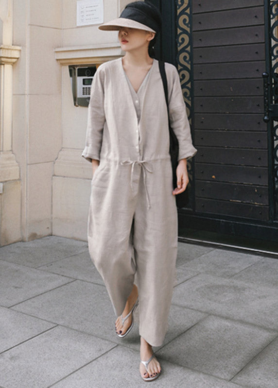 Grey V Neck Button Linen Jumpsuit Spring