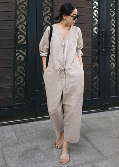 Grey V Neck Button Linen Jumpsuit Spring